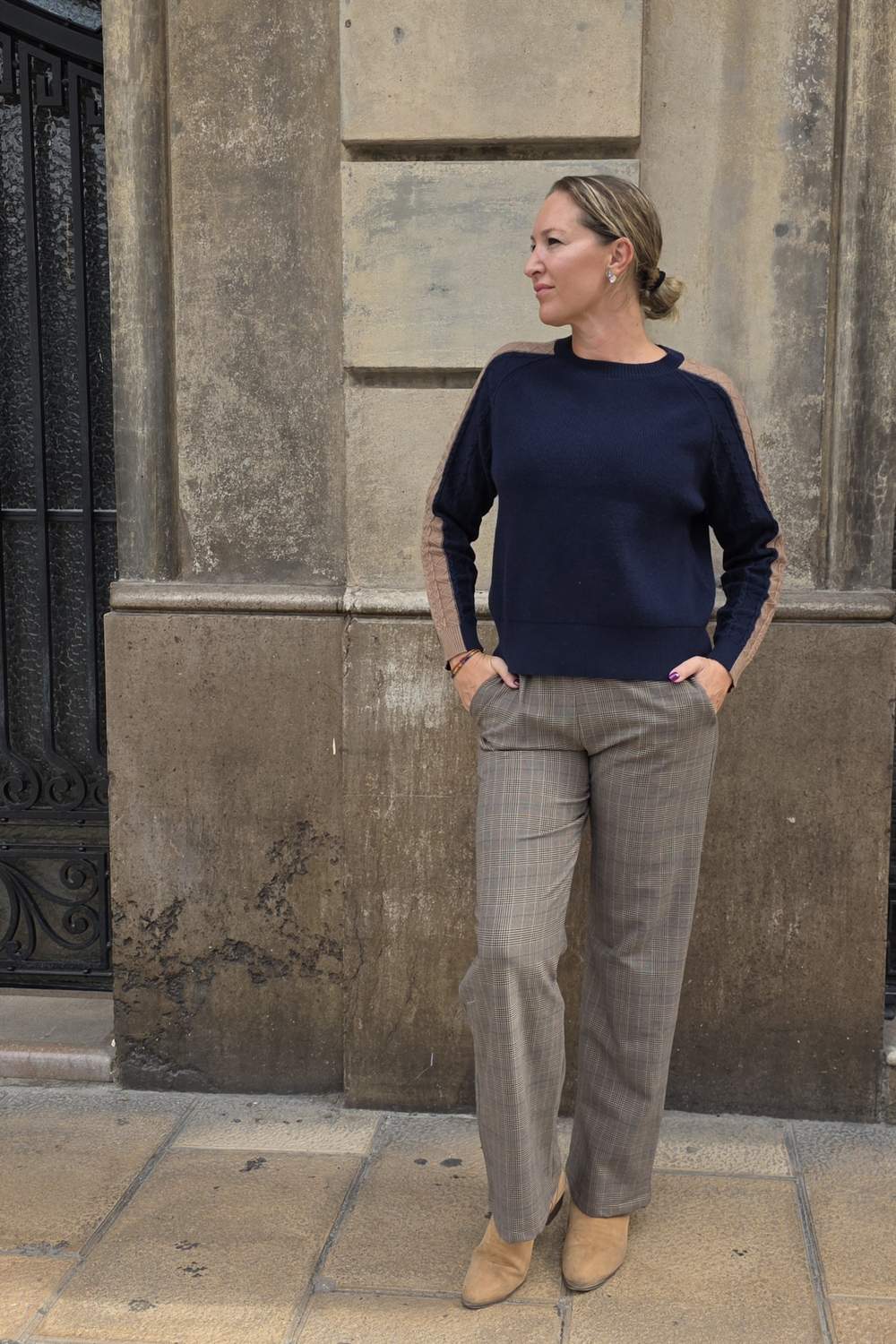 Beige and Navy Braided Stripe Women's Sweater