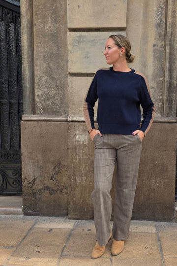 Beige and Navy Braided Stripe Women's Sweater