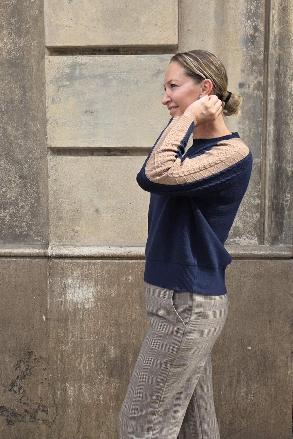 Beige and Navy Braided Stripe Women's Sweater