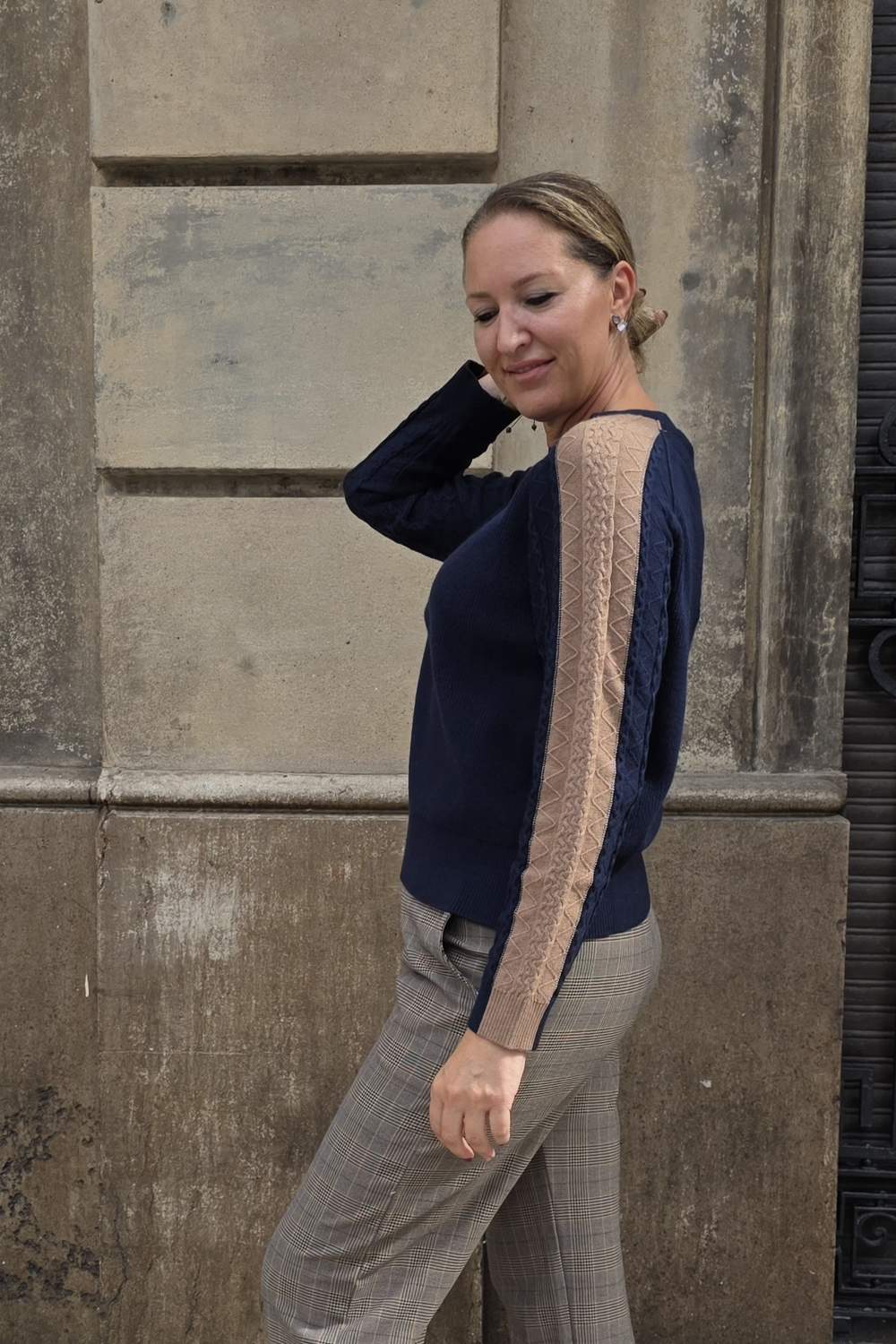 Beige and Navy Braided Stripe Women's Sweater