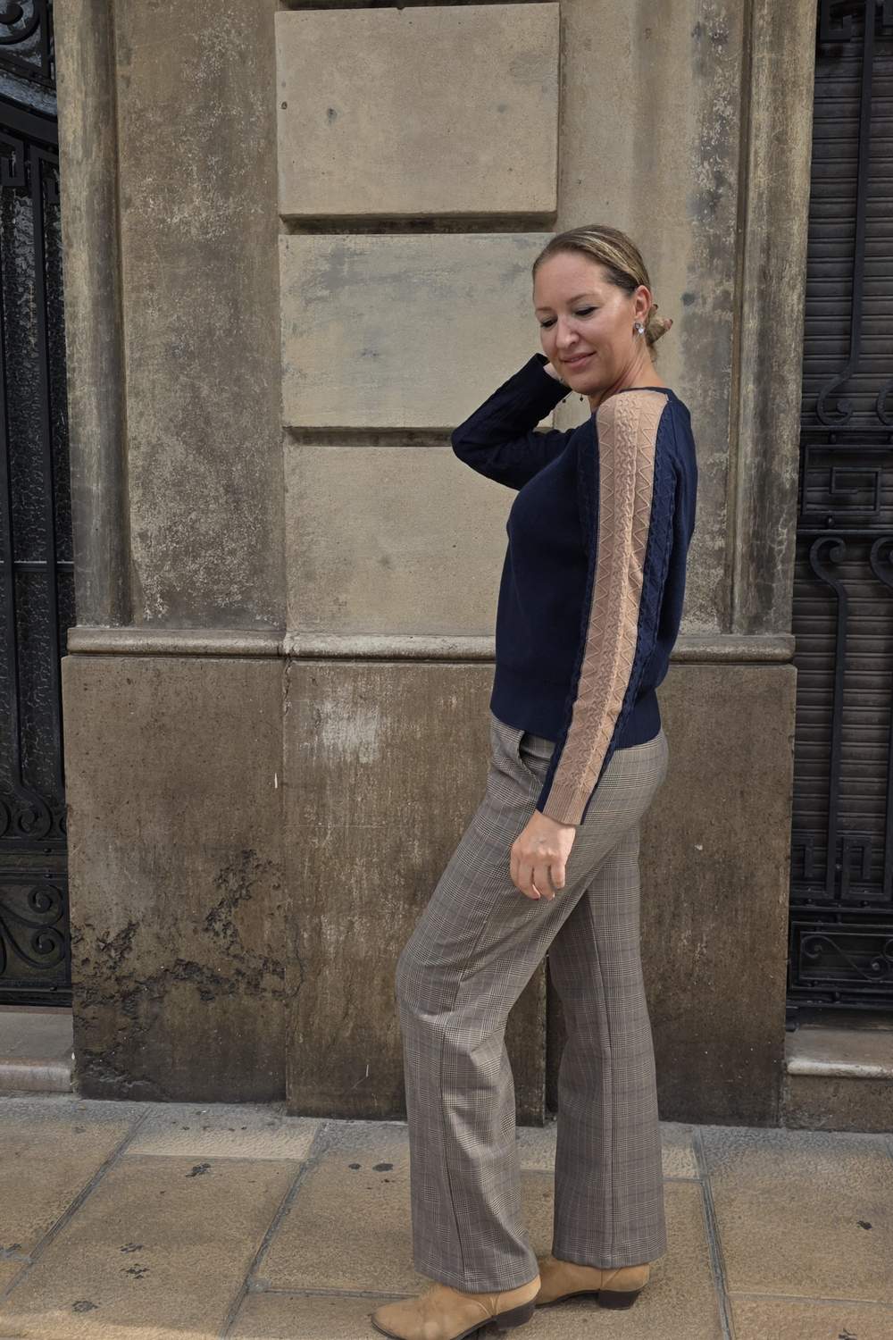 Beige and Navy Braided Stripe Women's Sweater