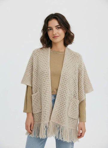 Poncho WNT Calado Flecos Beige