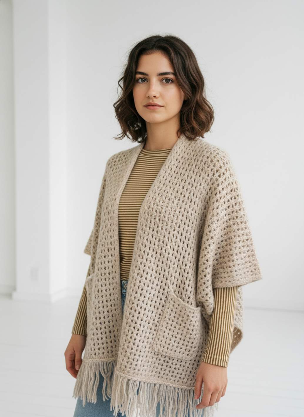 Poncho WNT Calado Flecos Beige